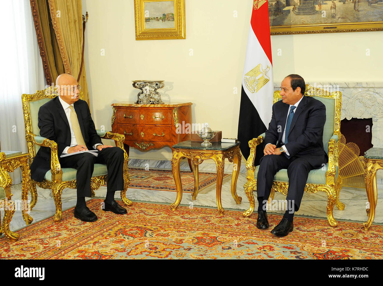 Cairo, Egypt. 16th Sep, 2017. Egyptian President Abdel Fattah al-Sisi meets with Prime Minister Sherif Ismail, in Cairo, Egypt on Sept.16, 2017 Credit: Egyptian President Office/APA Images/ZUMA Wire/Alamy Live News Stock Photo