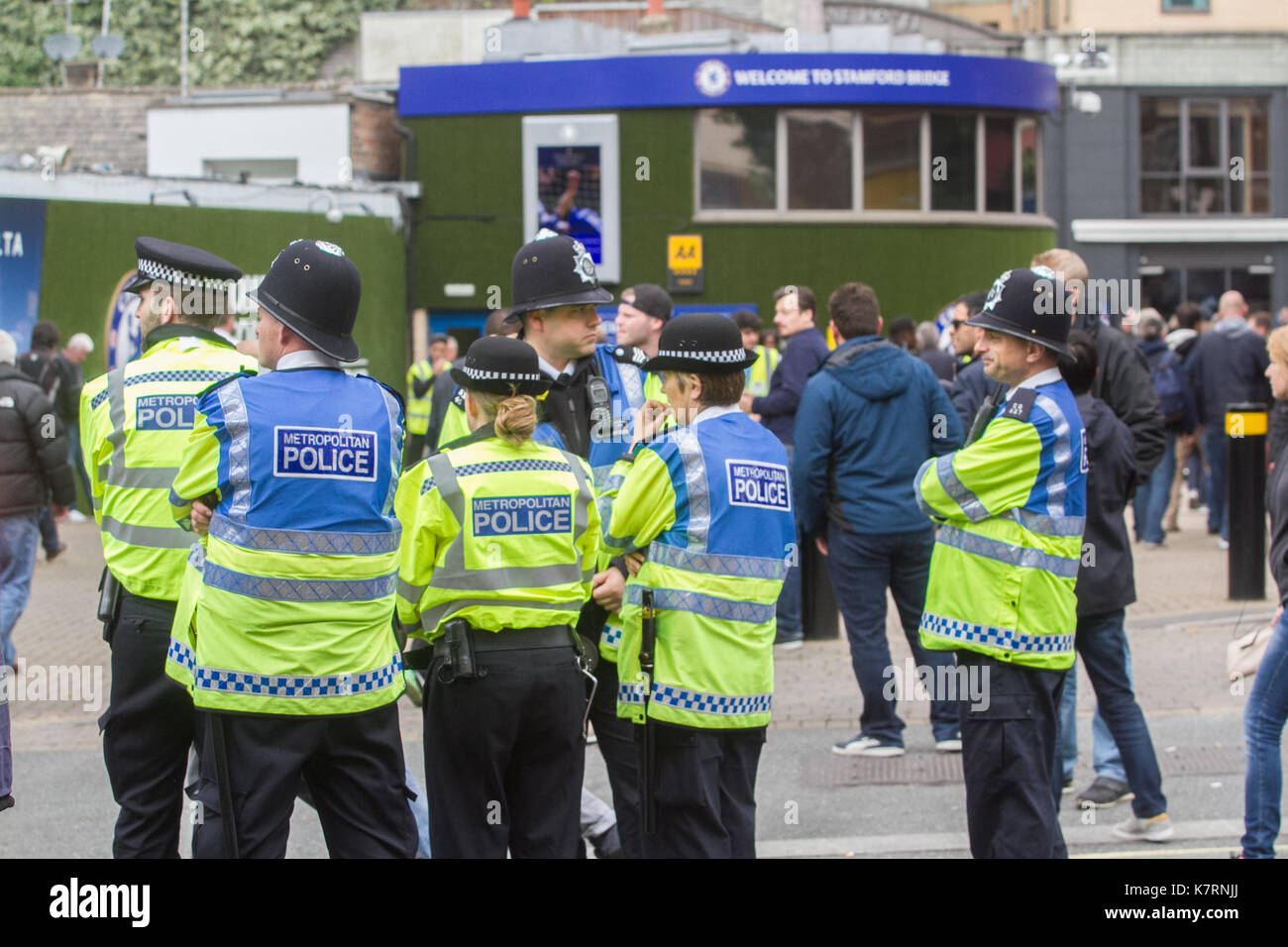 London UK. 17th September 2017.  Visible security with increased numbers of police officers for the  match between Chelsea and Arsenal following the recent tube bombing in Parsons Green situated in the vicinity to  the Stamford Bridge stadium Stock Photo