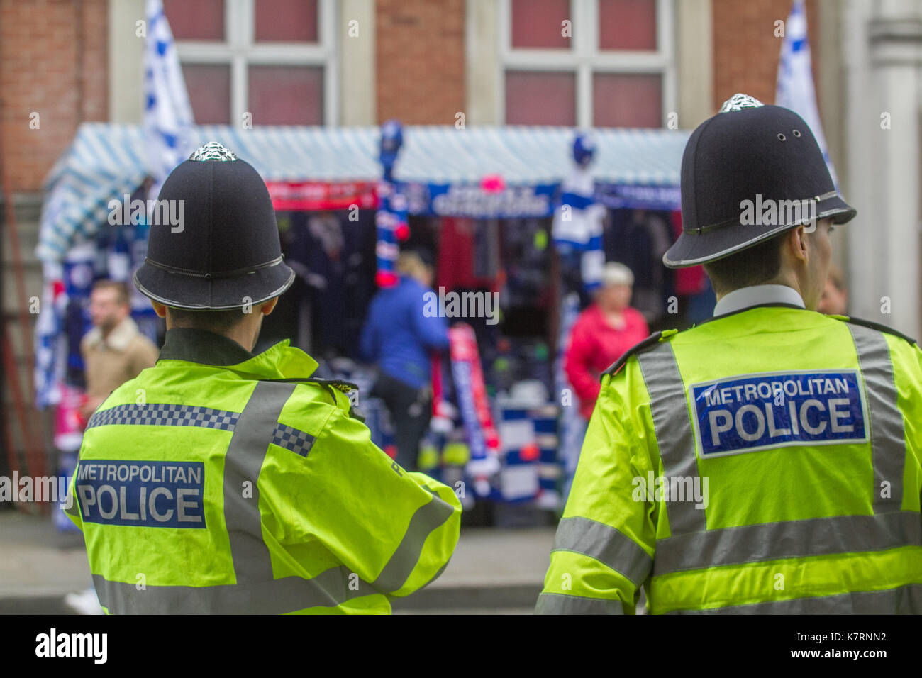 London UK. 17th September 2017.  Visible security with increased numbers of police officers for the  match between Chelsea and Arsenal following the recent tube bombing in Parsons Green situated in the vicinity to  the Stamford Bridge stadium Stock Photo