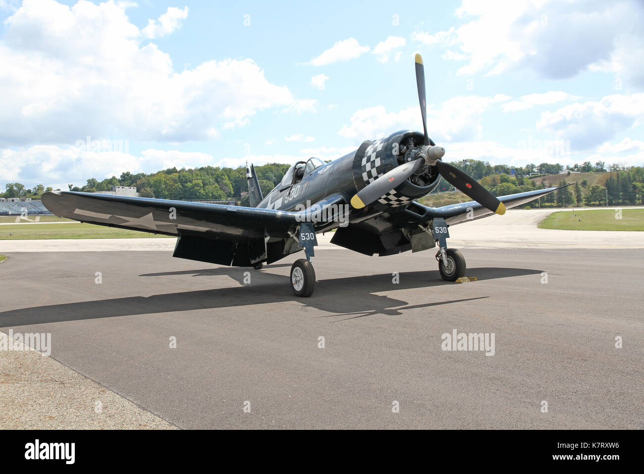 AKRON, USA - SEPT 9: Goodyear FG-1D Corsair at Props and Pistons Airshow taking place at the Akron Fulton International Airport Stock Photo