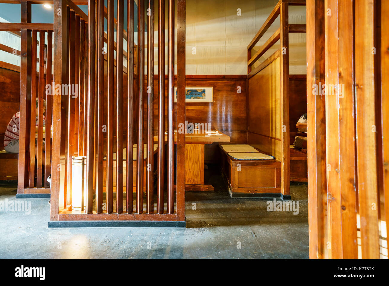 Los Angeles, SEP 9: Wooden Japanese style interior view of a restaurant on SEP 9, 2017 at Los Angeles, California, U.S.A. Stock Photo