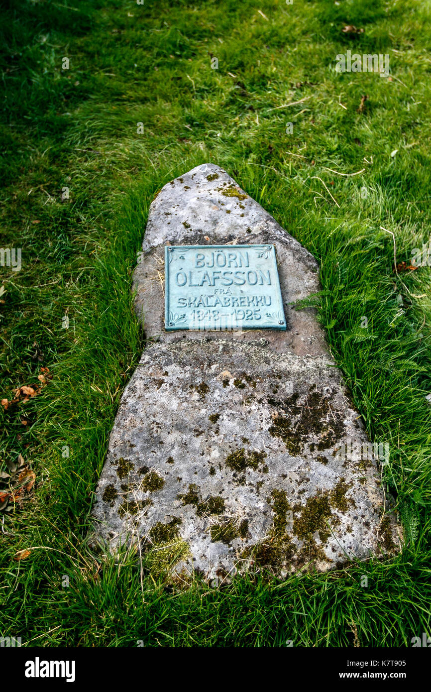 Grave stone on a small cemetery by the Thingvellir church in Iceland. Stock Photo