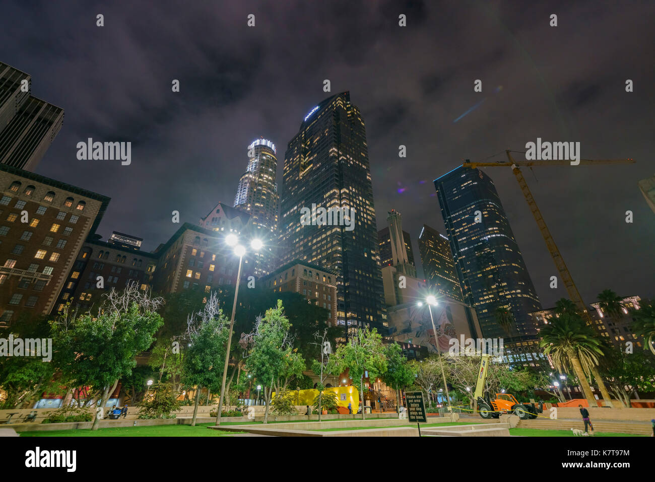 Los Angeles , SEP 4: Night view of Los Angeles downtown from Pershing Square on SEP 4, 2017 at Los Angeles, California Stock Photo