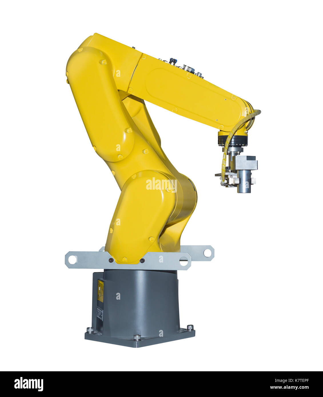 Industry robotic arm holding automotive part isolated on white background with clipping Stock Photo