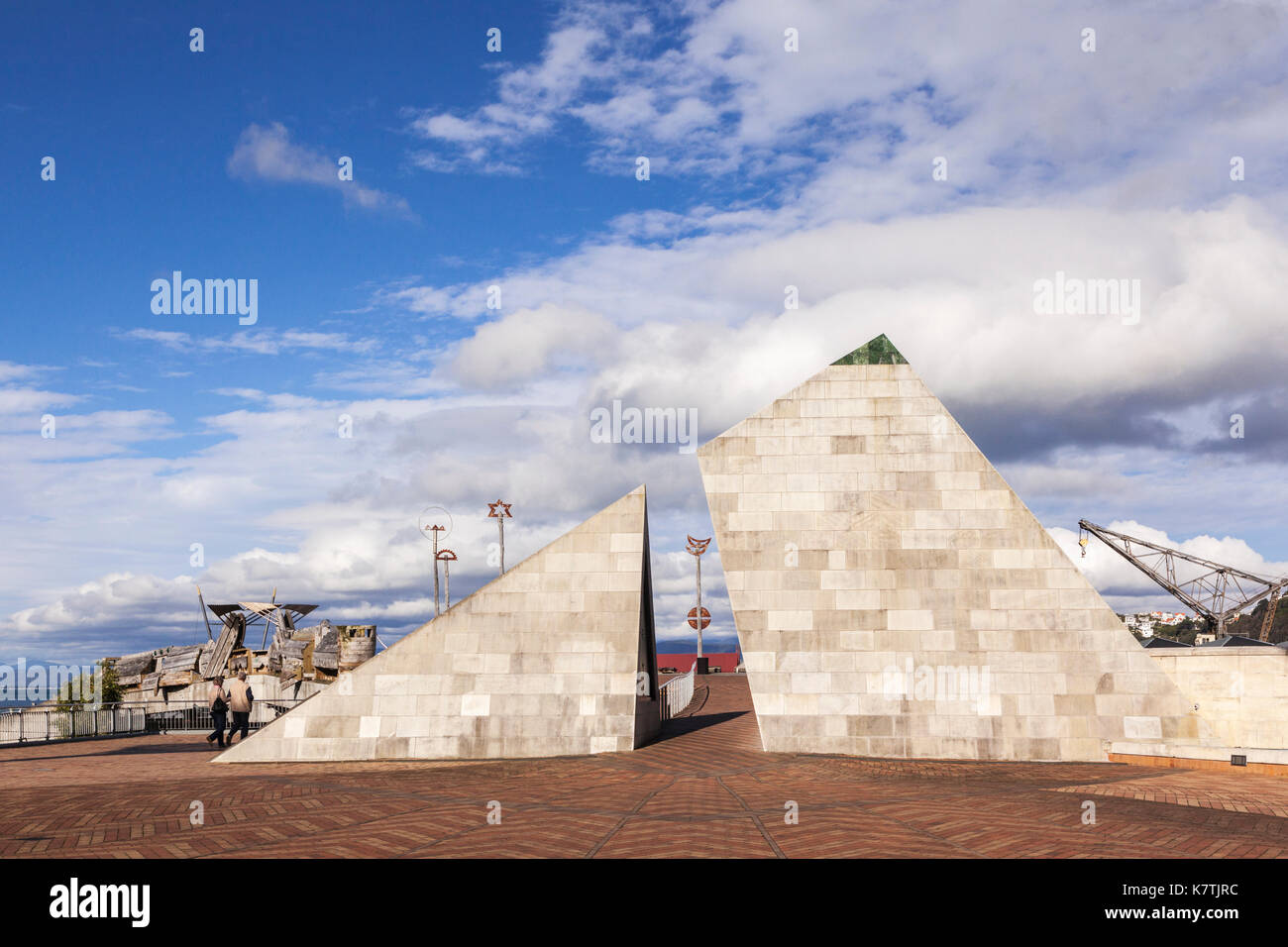 Te Aho A Maui, the pyramid shaped sculpture in Civic Square, Wellington, by Rewi Thompson. Stock Photo