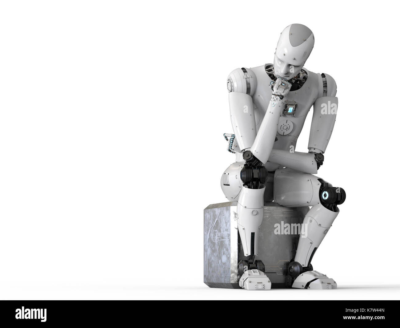 3d rendering android robot sit down and thinking Stock Photo
