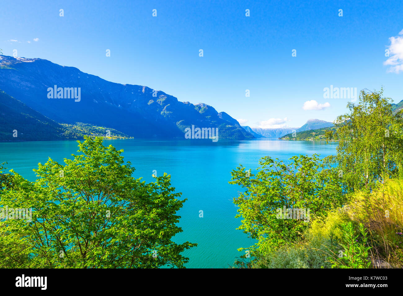 the turquoise blue water of the Lustrafjorden, Sognefjord, Norway, Scandinavia Stock Photo