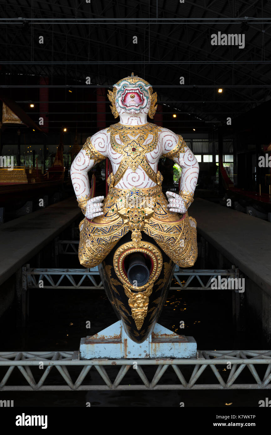 Krabi Prap Muang Man Barge has a figurehead of uncrowned monkey warrior with white body of Hanuman. Decorated with golden lacquer and glass. Stock Photo