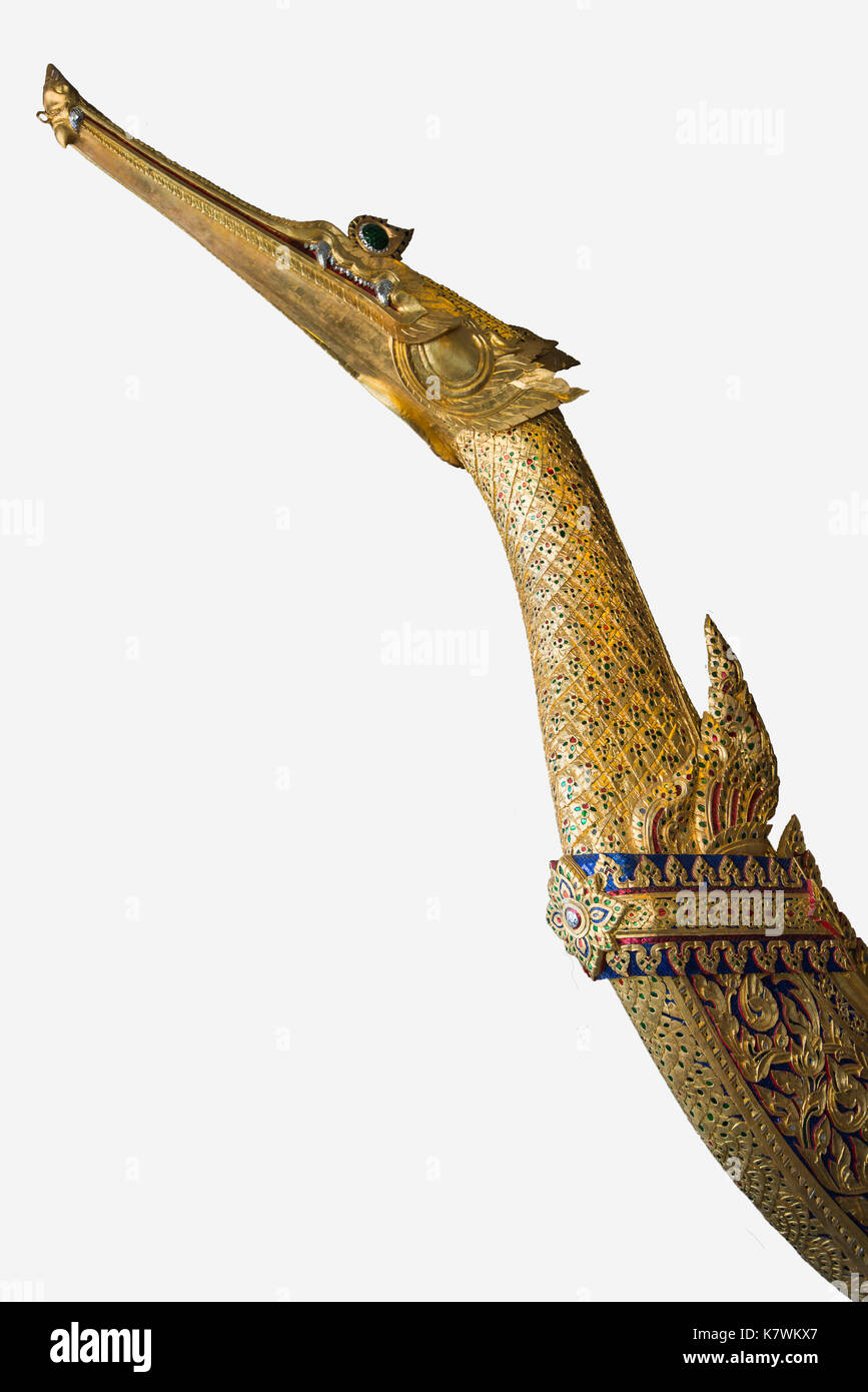 Royal Barge Suphannahong is the gold, royal swan-shaped prow decorated with glass ornaments. Stock Photo