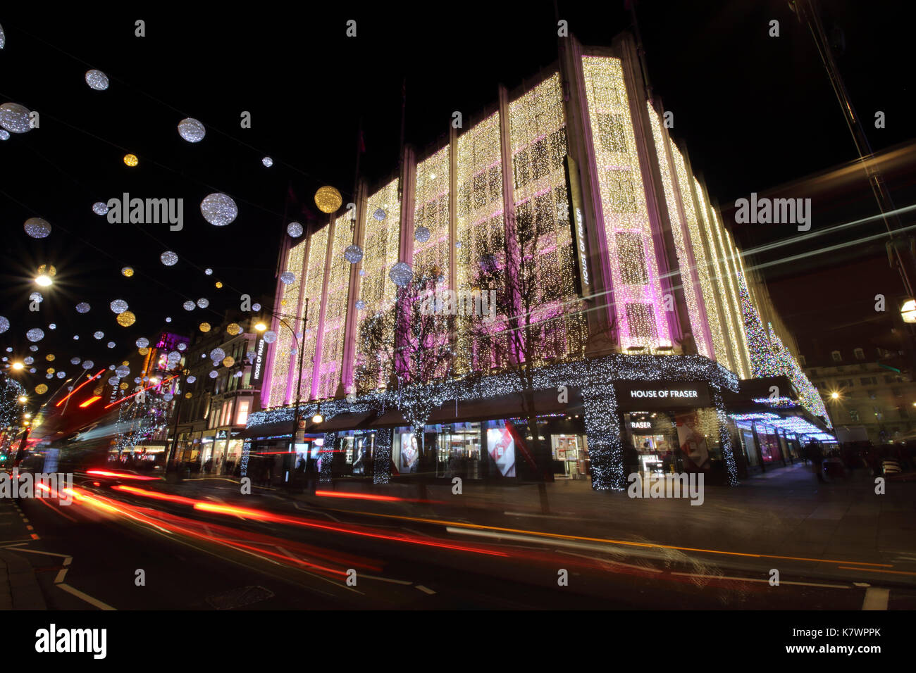 Oxford Street London Christmas lights and traffic light trails Stock
