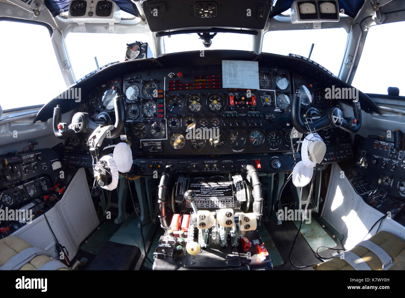 The dashboard in the cockpit of An-30, aerial cartography aircraft. Air show at Zhuljany airport. September 16, 2016. Kyiv, Ukraine. Stock Photo