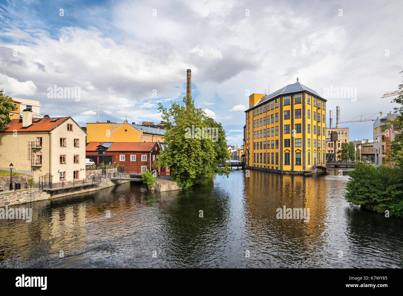 Historical textile industrial area and Motala river in Norrkoping, Sweden Stock Photo