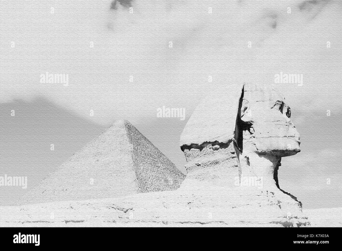 The Great Sphinx & Khufu Pyramid - Cairo (Texturized Canvas) Stock Photo
