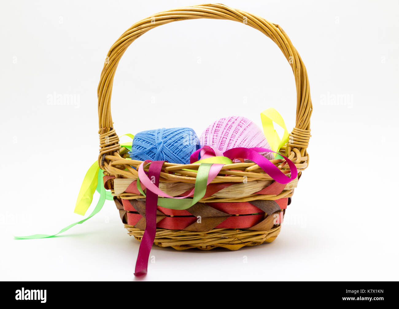 Basket with thread close-up on a white background. Stock Photo