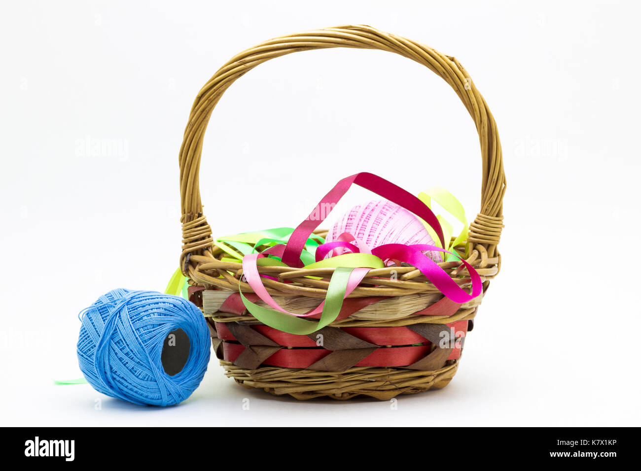Basket with thread close-up on a white background. Stock Photo