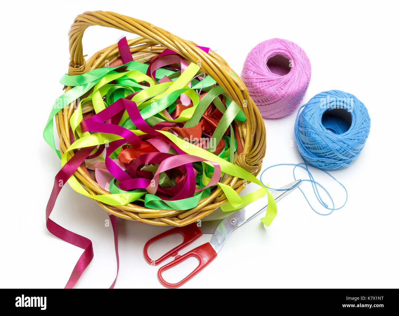 Basket with thread close-up on a white background. Stock Photo