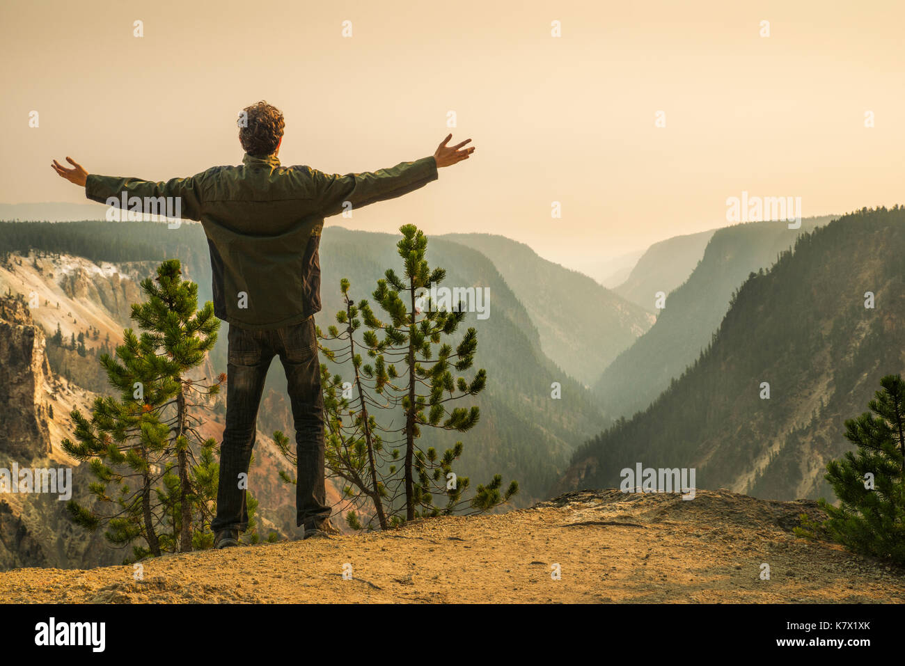 Yellowstone National Park, WY, USA 21st August 2015. Man alone with open arms looking at view of the Grand Canyon of Yellowstone River from above. Rel Stock Photo