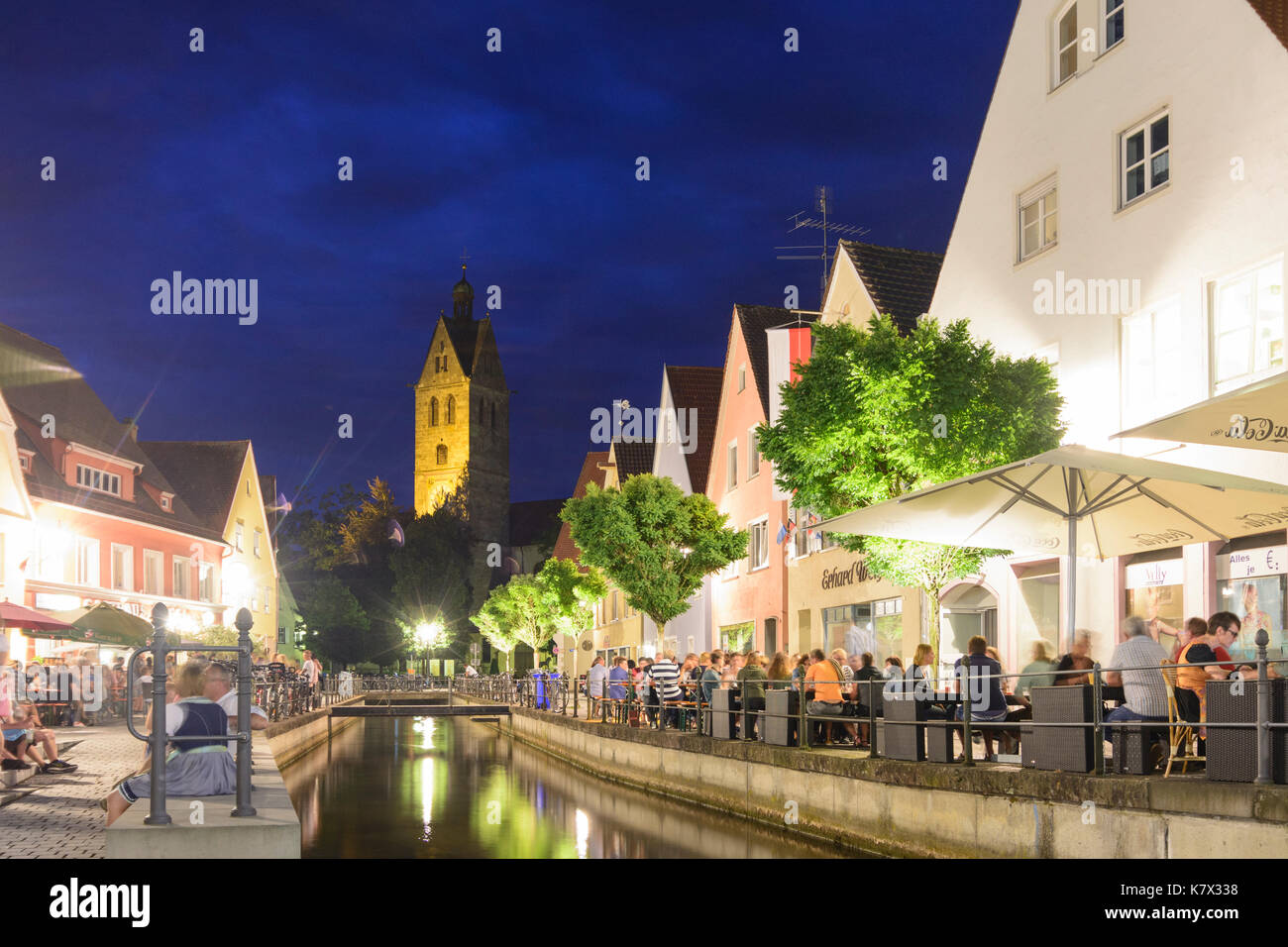 restaurant, bar at canal Stadtbach, people, church "Unser Frauen" (Our
