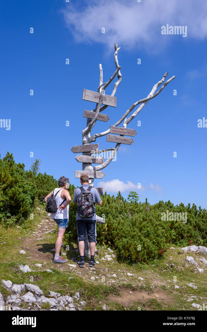 Velika Planina, Slovenia - July 29 2017: Two hikers reading way signs in front of wooden signpost on tree trunk in the Alps, Velika Planina Slovenia Stock Photo