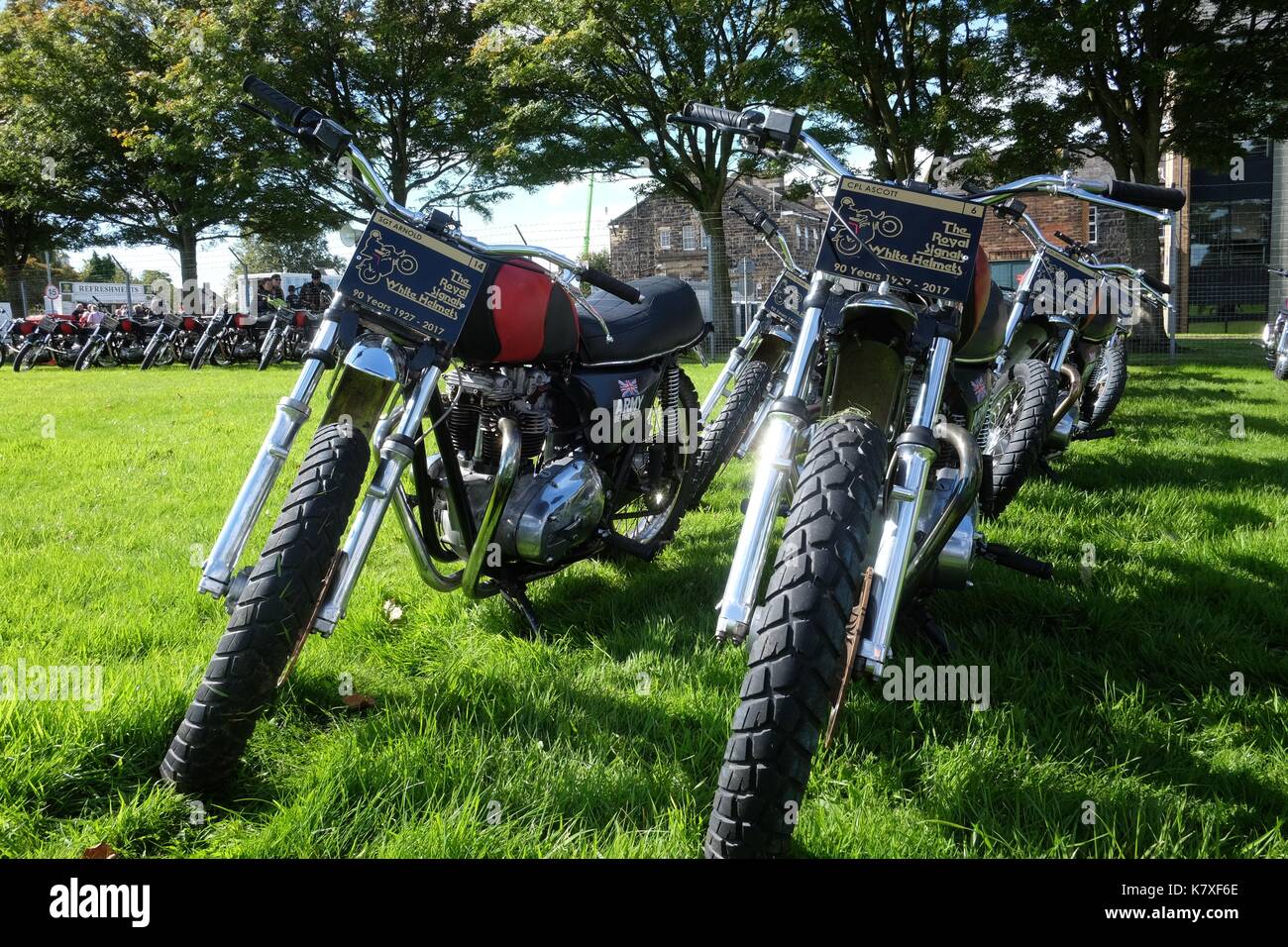 Preston UK. 16th. September 2017. Motorcycles of the Royal Signals White Helmets stand ready for the last ever public display at Preston's Fulwood Bar Stock Photo