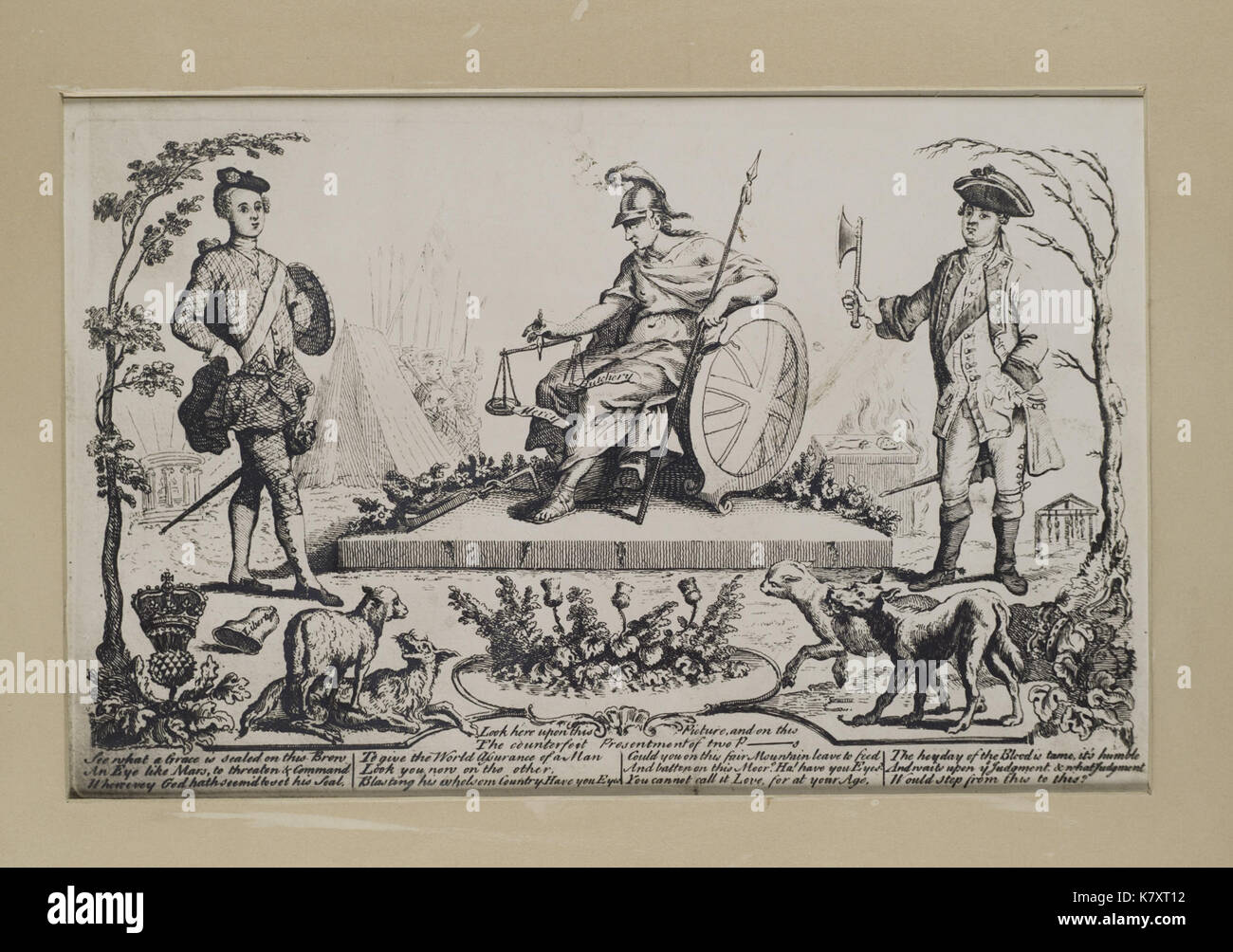 Jacobite broadside   Britannia sitting between Prince Charles and Cumberland weighing Mercy and Butchery Stock Photo