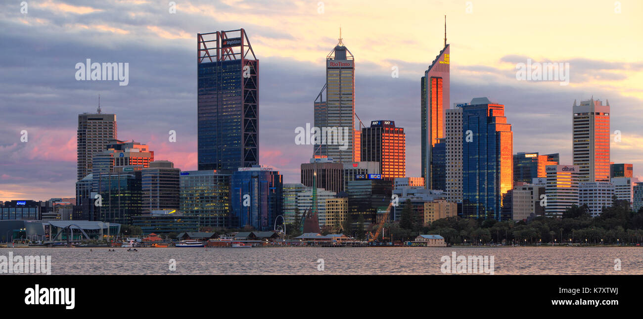 A colourful sunrise reflected in Perth's skyscrapers. Stock Photo