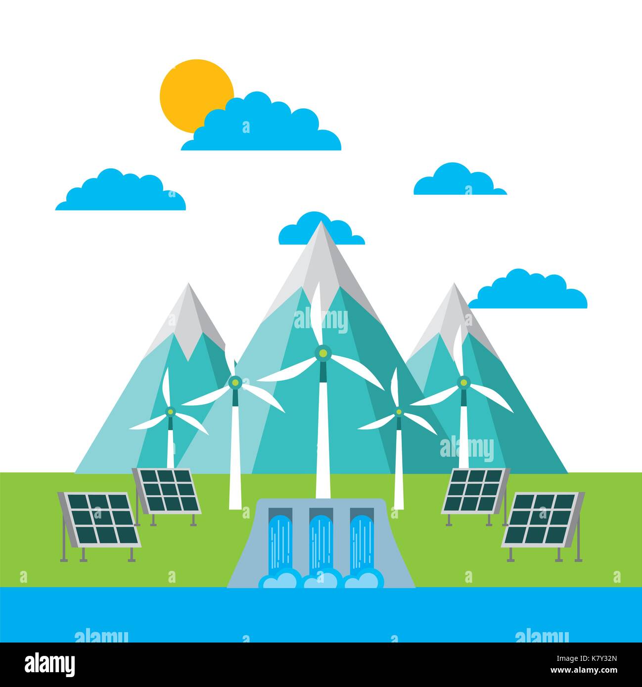 Photo inspiration: Fresh Look at Solar Panels And Wind Turbines In Front Of The Mountains