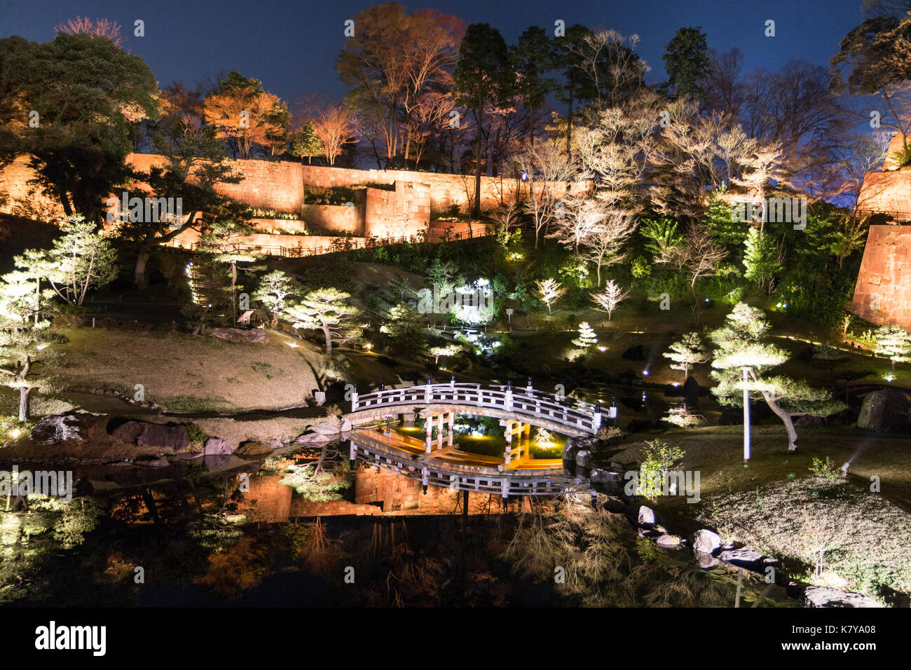 Kanazawa castle, Japan. Gyokusen'inmaru Garden lit up by multi