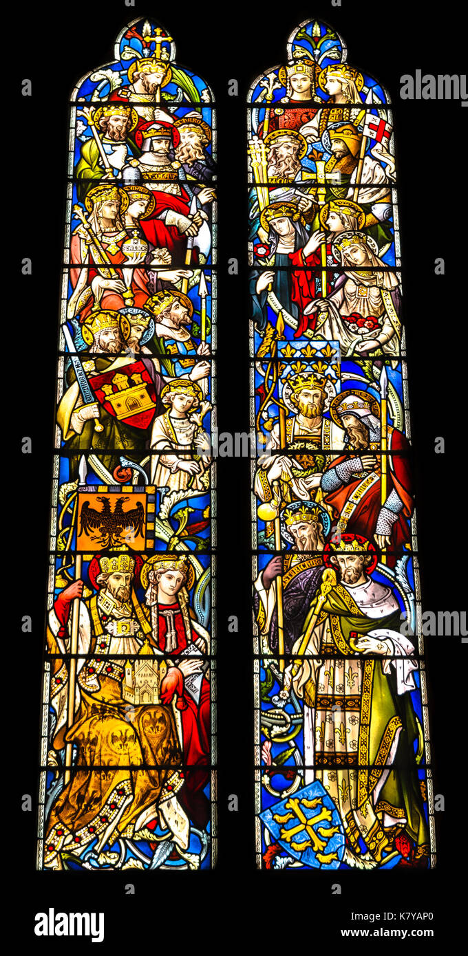 Arundel, United Kingdom June 25, 2016 Religious colorful stained glass window in Arundel