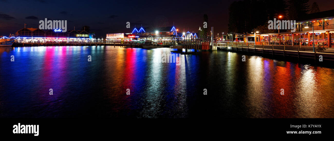 Restaurant lights reflections  in boat mariner, Fremantle, Western Australia. Stock Photo