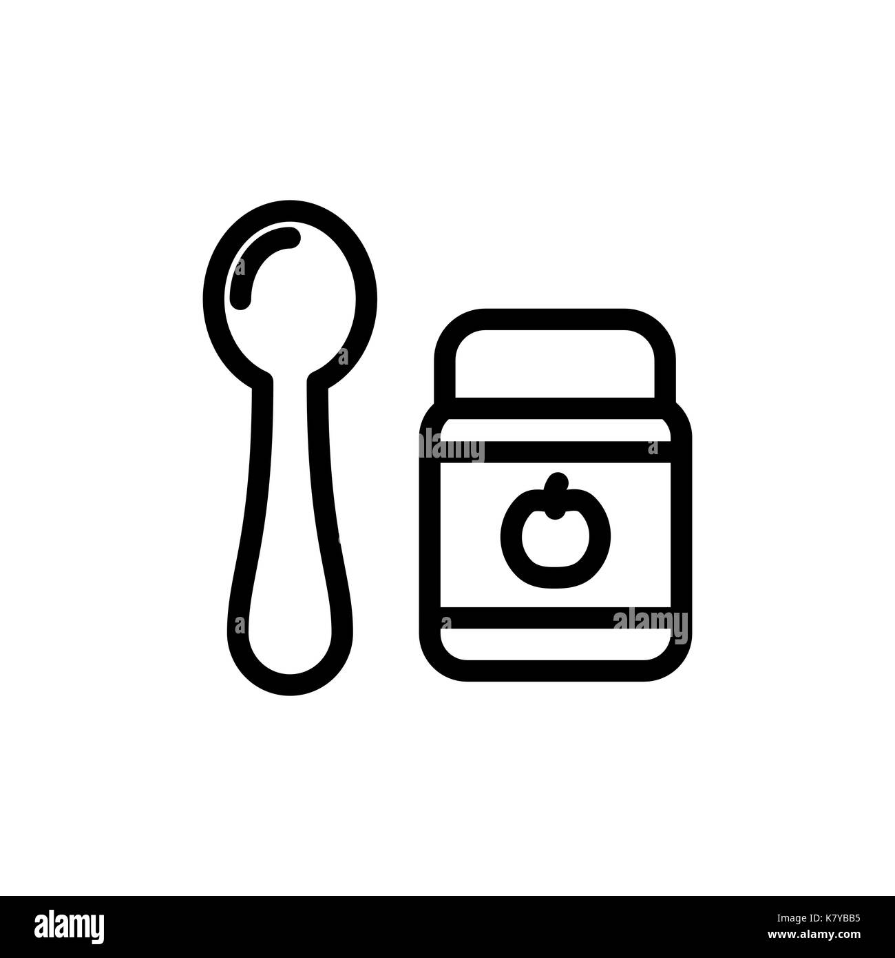 Baby feeding glass jar apple puree thin line icon. Outline symbol baby nutrition and spoon for the design of children's webstie and mobile applications. Outline stroke kid feeding accessory pictogram Stock Vector