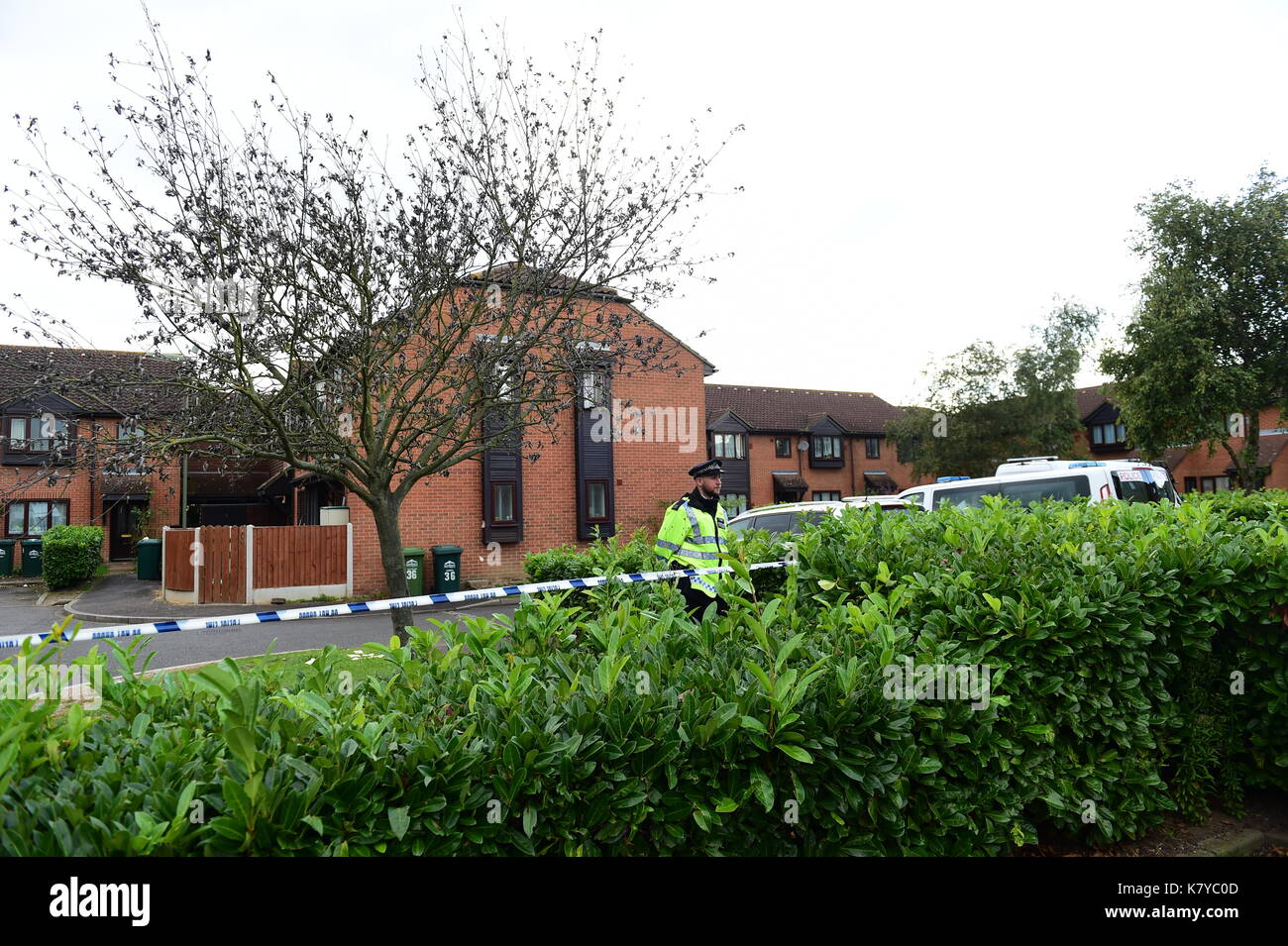Police at a property in Stanwell, Surrey, which is being searched by officers investigating the Parsons Green bombing. Stock Photo