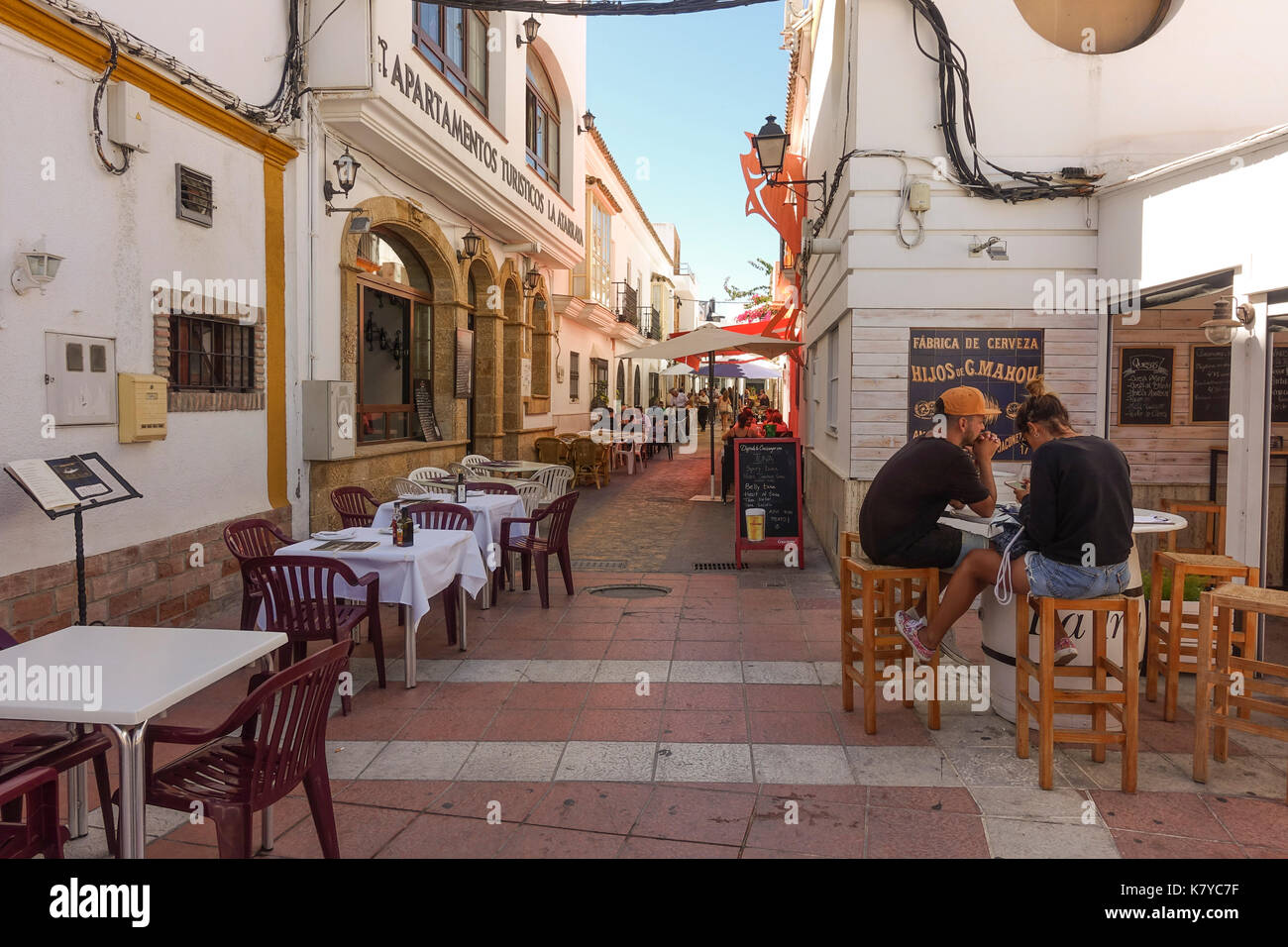 Zahara de los atunes, street view with fish and seafood restaurants, Cadiz,  andalusia, Spain Stock Photo