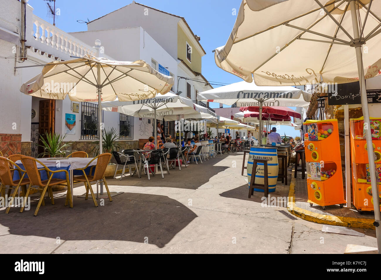 Zahara de los atunes, street view with fish and seafood restaurants, Cadiz,  andalusia, Spain Stock Photo