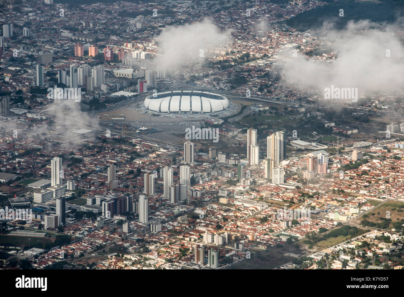 Aerial photograph of the city of Natal, Rio Grande do Norte, Brazil. Multiple high rising buildings and Arena das Dunas football (soccer) stadium Stock Photo