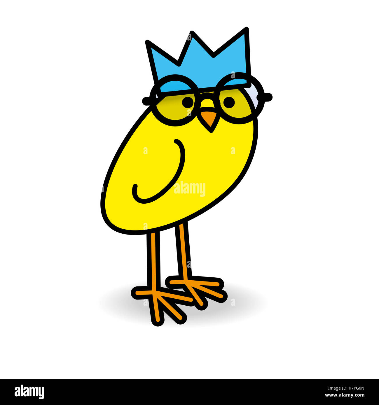 Single Yellow Chick Wearing Blue Party Hat Round Black Rimmed Spectacles Turning Head towards camera on White Background Stock Photo