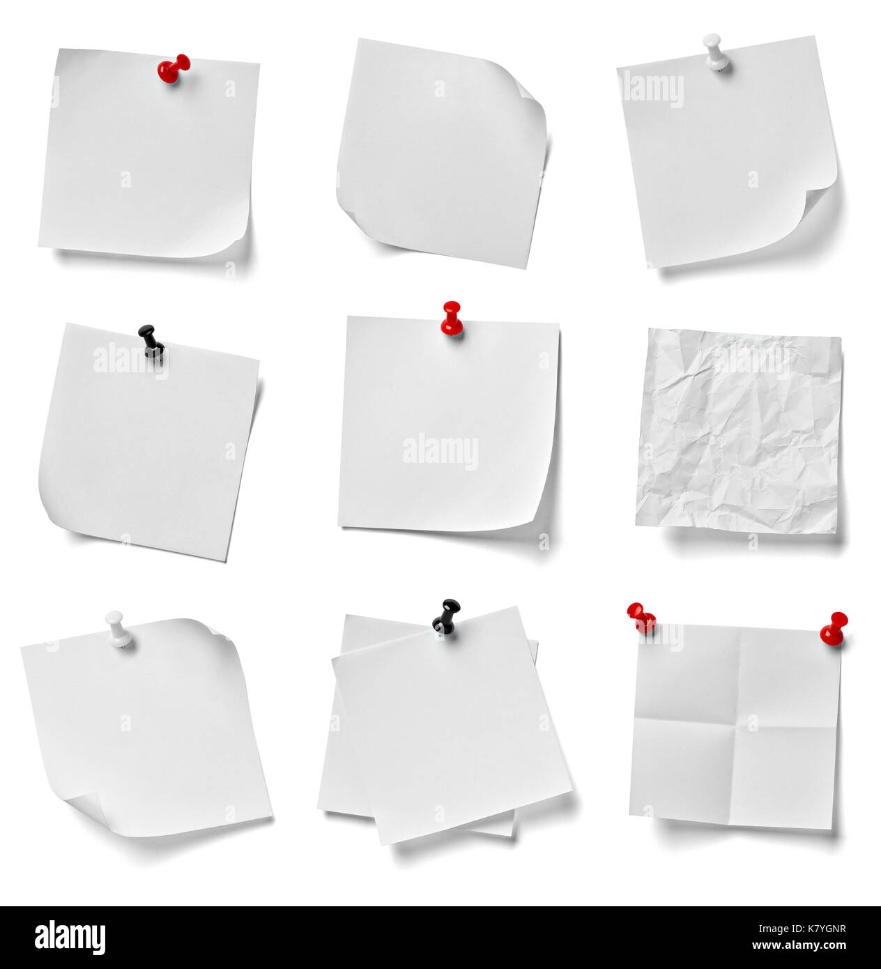 collection of various note paper with a red push pin on white background. each one is shot separately Stock Photo