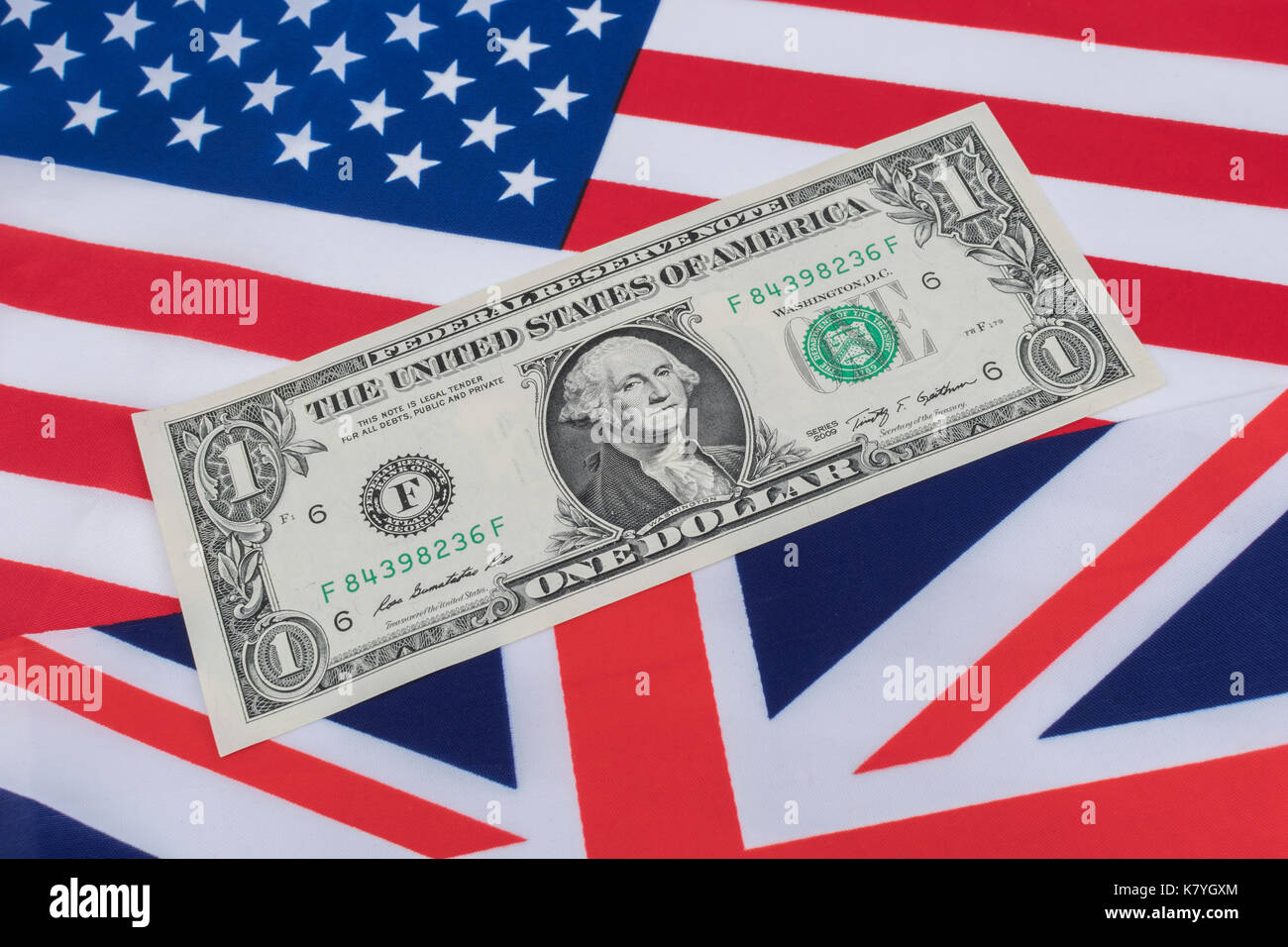 US and UK Union Jack - as metaphor us US-British trade and currency exchange rate. US Dollar exchange rate, US UK balance of payments. Stock Photo
