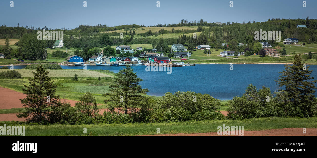 Beautiful fishing village across a small lake on Prince Edward Island, Canada Stock Photo