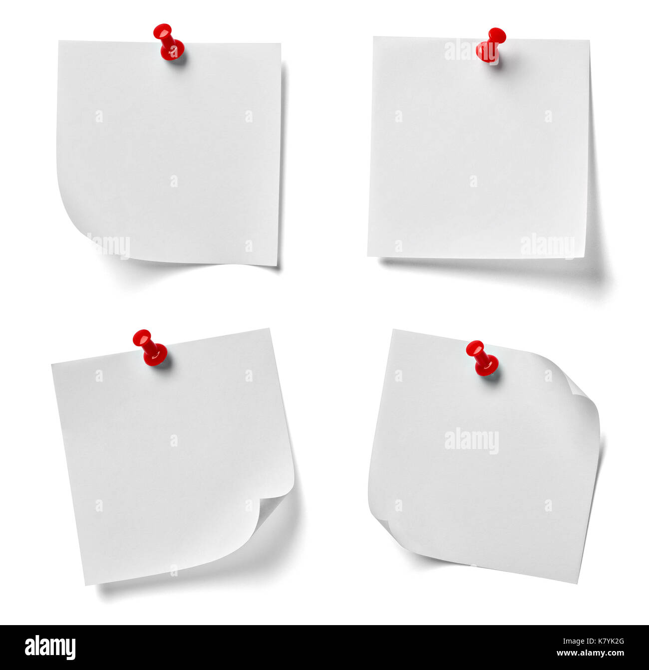 collection of various note paper with a red push pin on white background. each one is shot separately Stock Photo