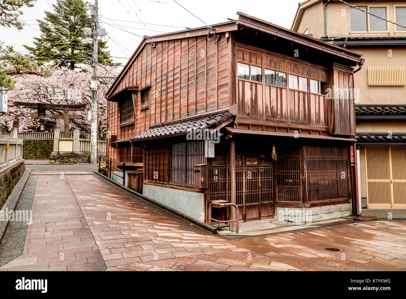 Higashi Chaya popular tourist district of Kanazawa, Japan. Japanese Edo period style wooden merchant house with slat shutters on lower windows. Stock Photo
