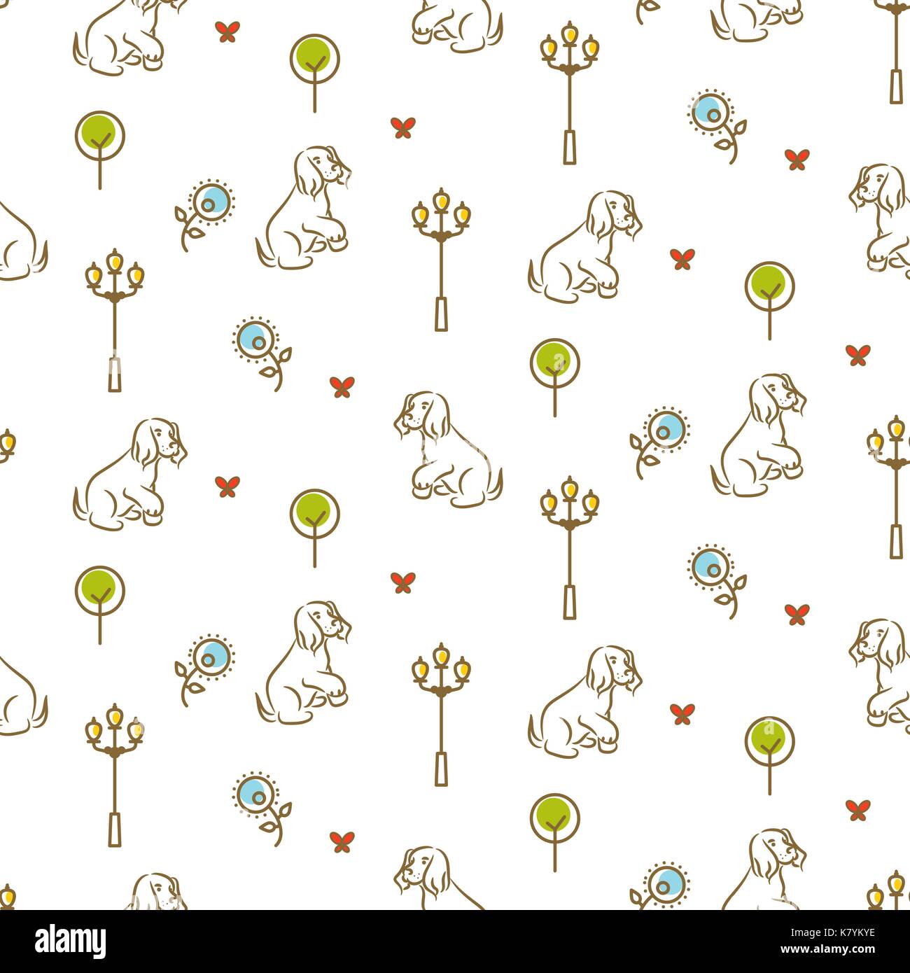 Cute dog on a promenade seamless vector pattern. Stock Vector