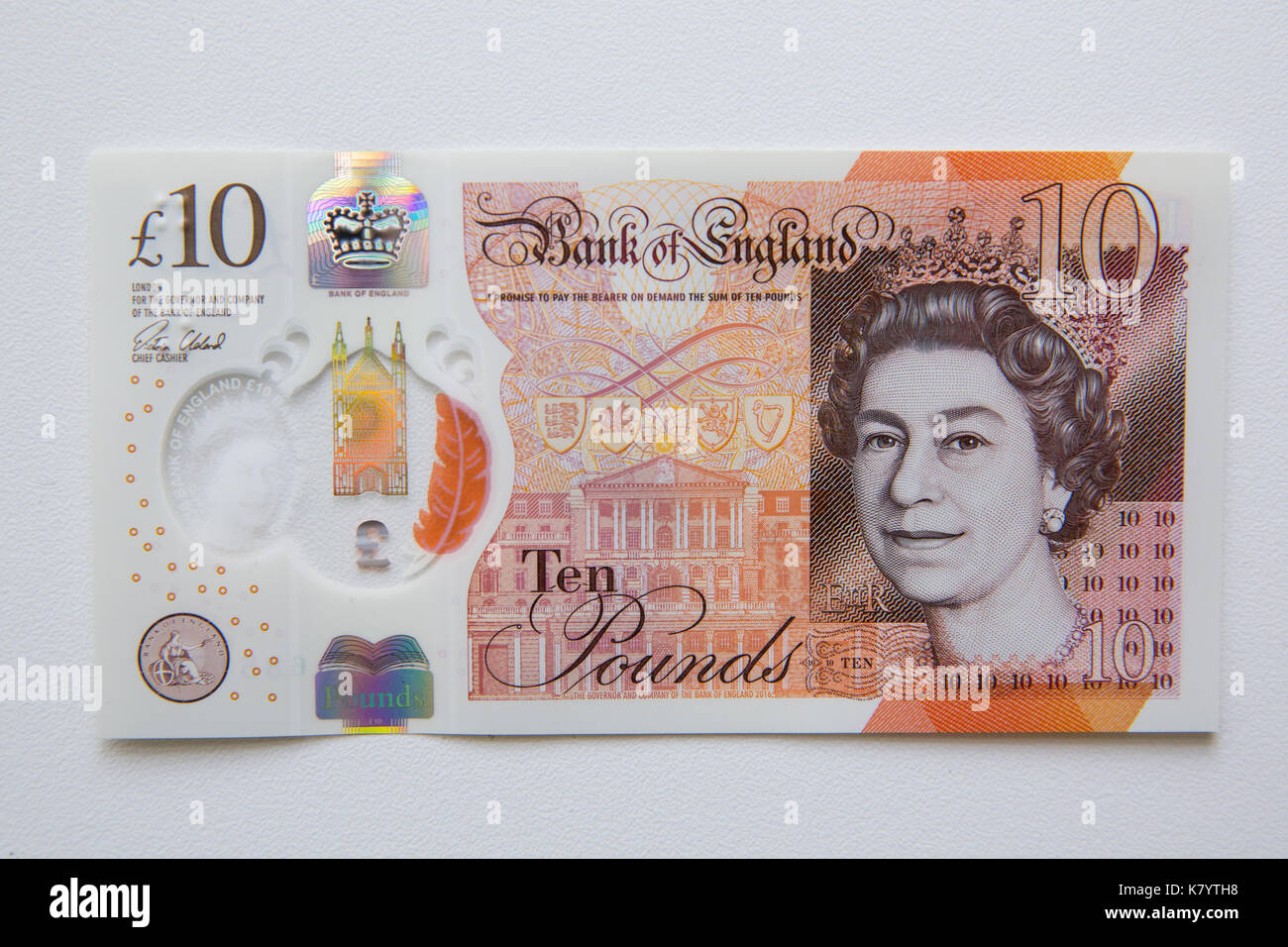 Image of the new, plastic, ten pound, sterling note. Stock Photo
