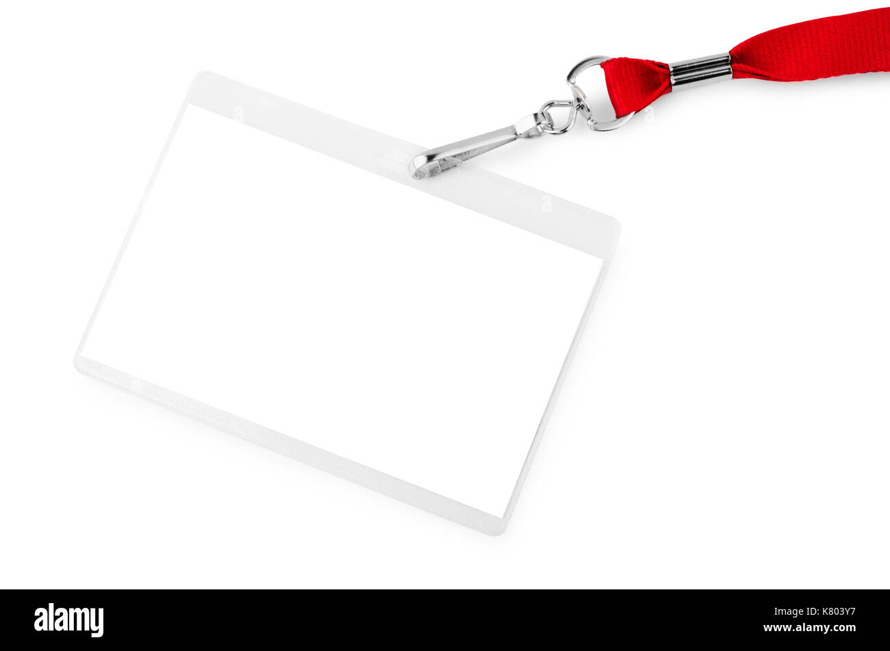 Blank bagde mockup isolated on white background. Nametag with red ribbon and transparent plastic paper holder. Stock Photo
