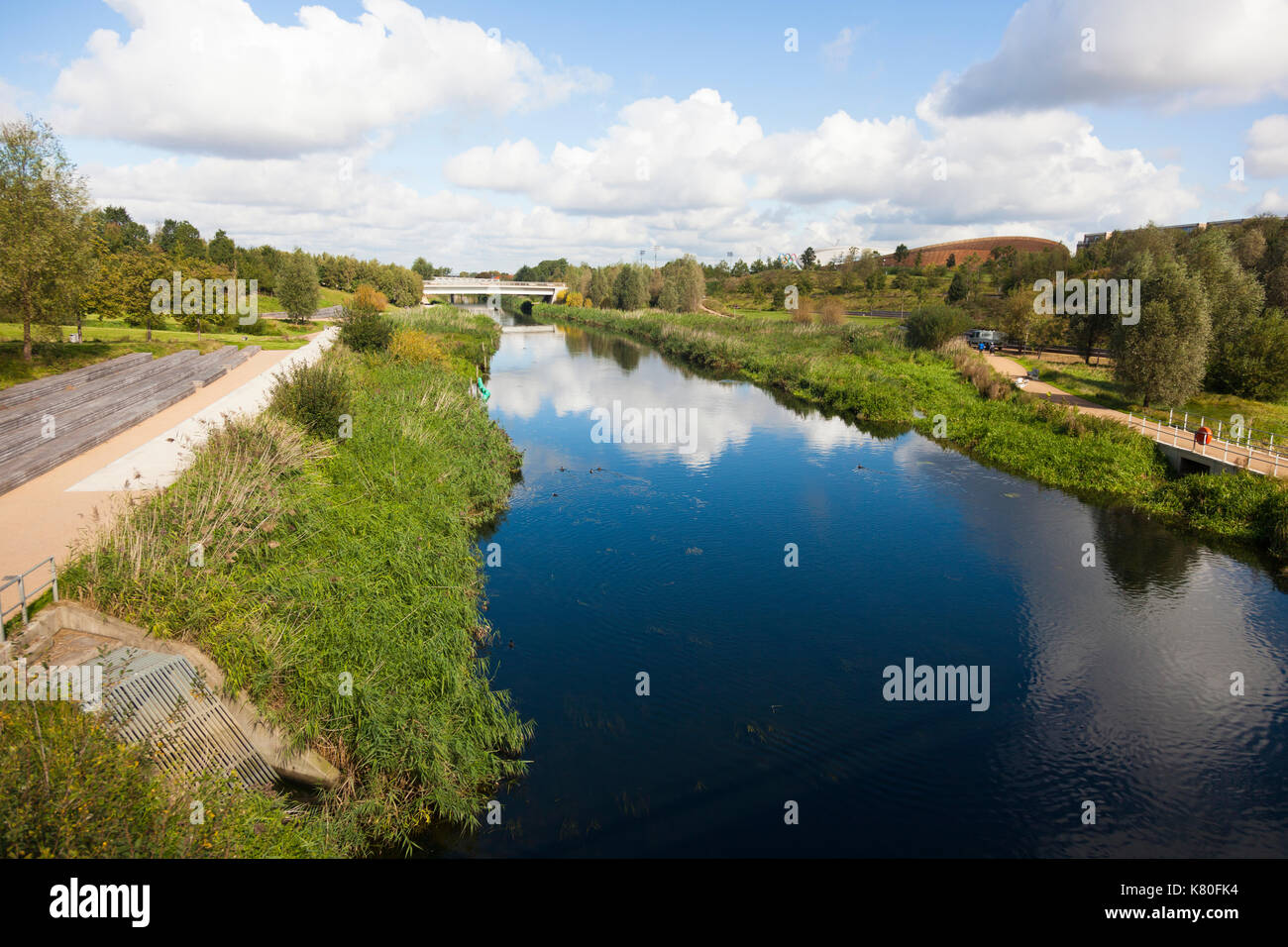 The River Lea passes through the Queen Elizabeth Olympic Park, London, UK Stock Photo