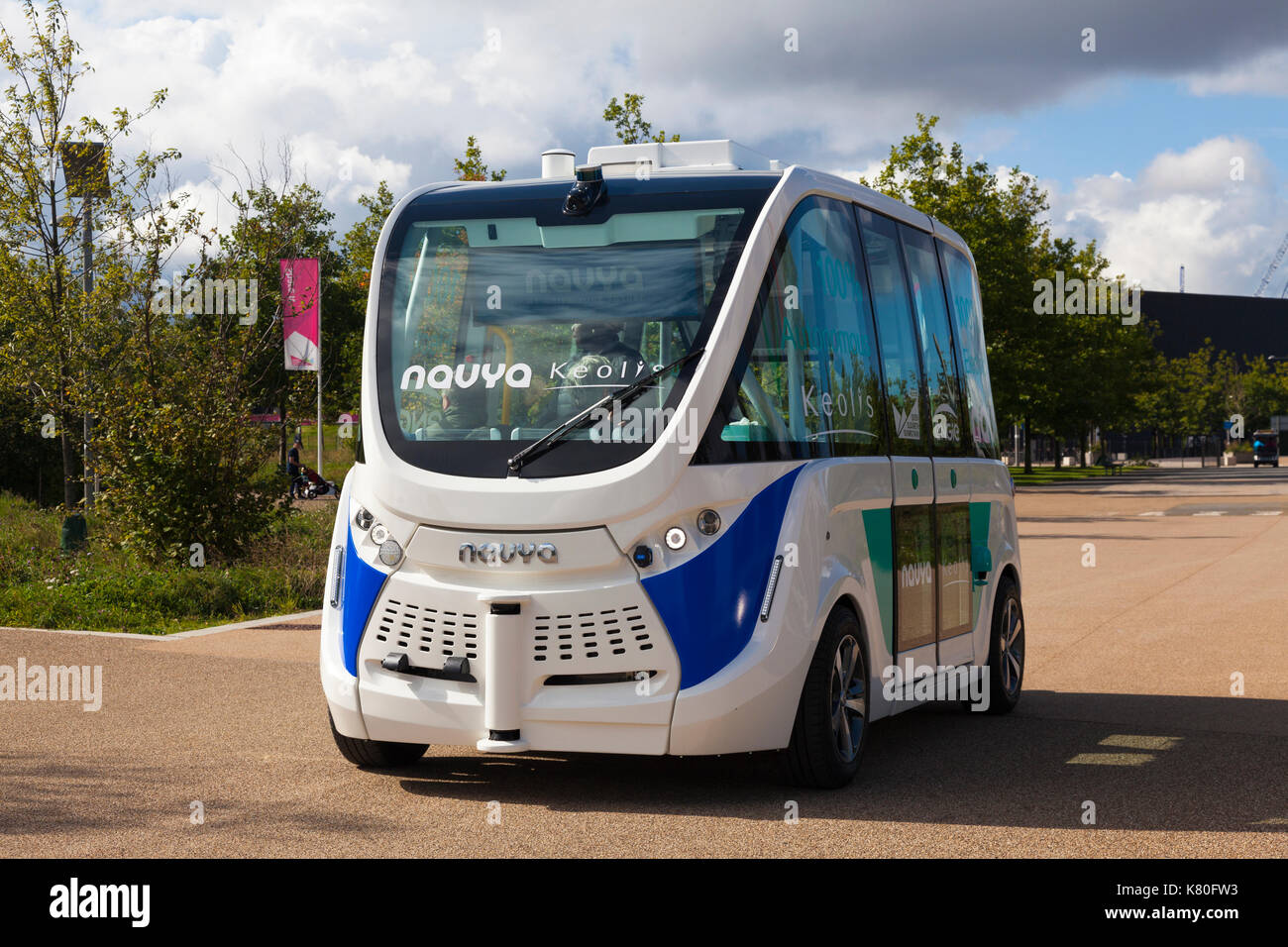 An autonomous bus on trial at the Queen Elizabeth Olympic Park, London, UK. September 2017 Stock Photo