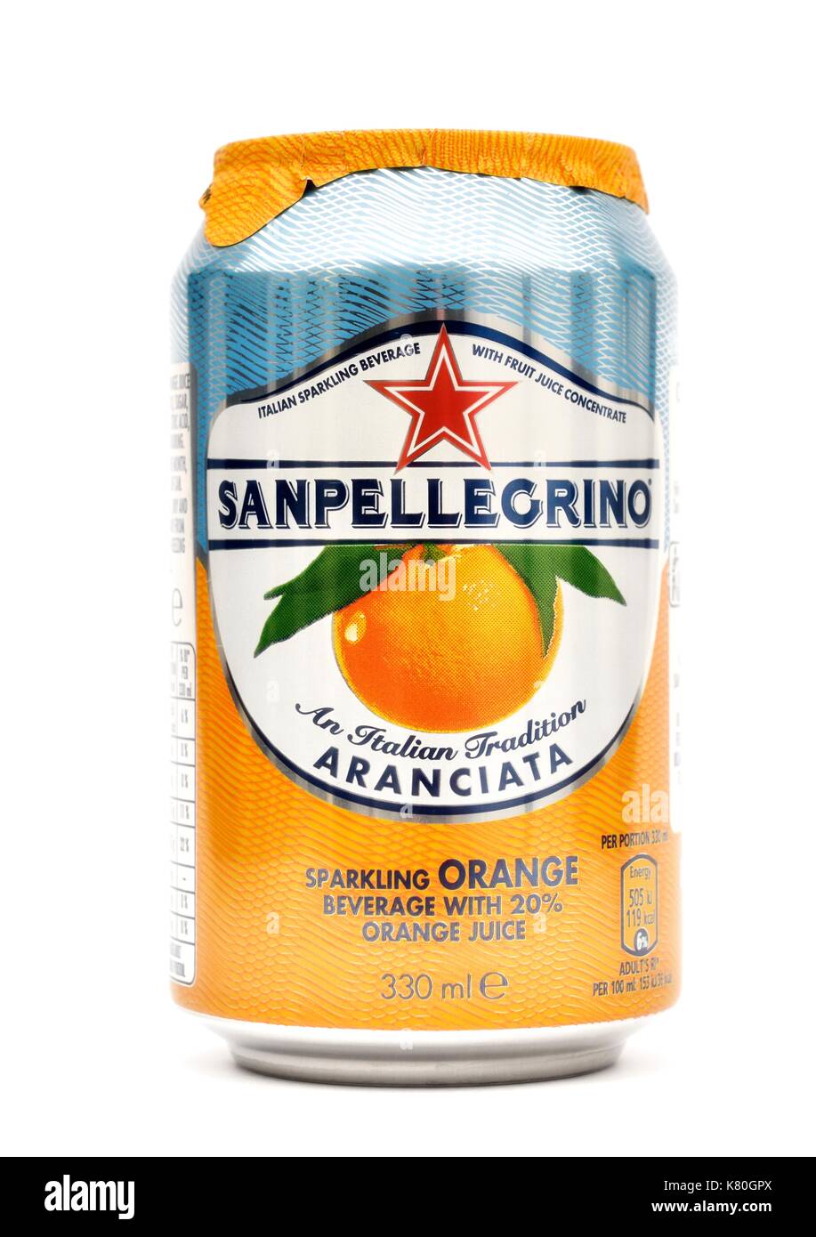 Can of Sanpellegrino sparkling orange drink Stock Photo