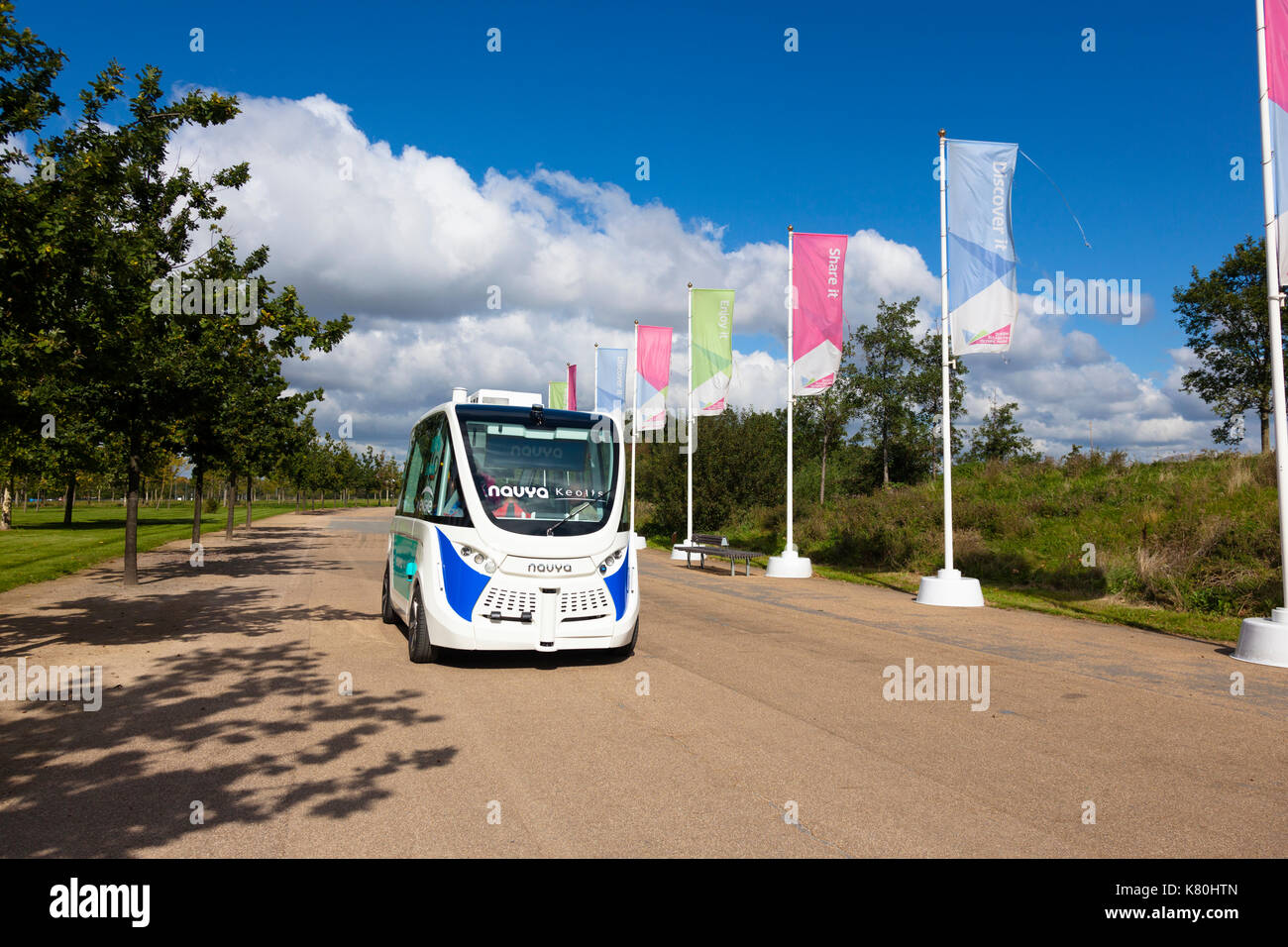 An autonomous bus on trial at the Queen Elizabeth Olympic Park, London, UK. September 2017 Stock Photo