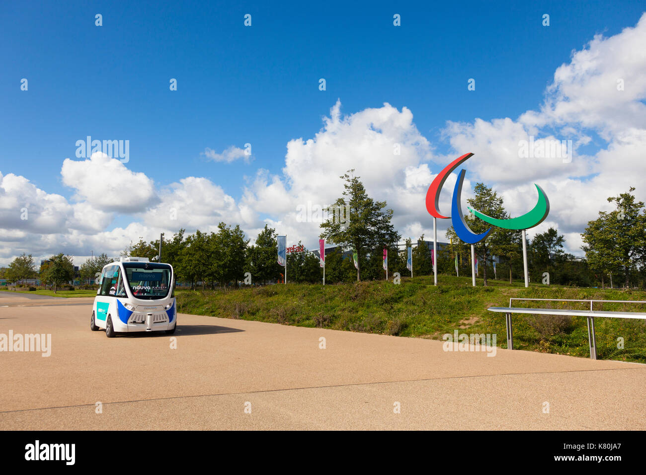 An autonomous bus on trial at the Queen Elizabeth Olympic Park, London, UK. September 2017 Stock Photo