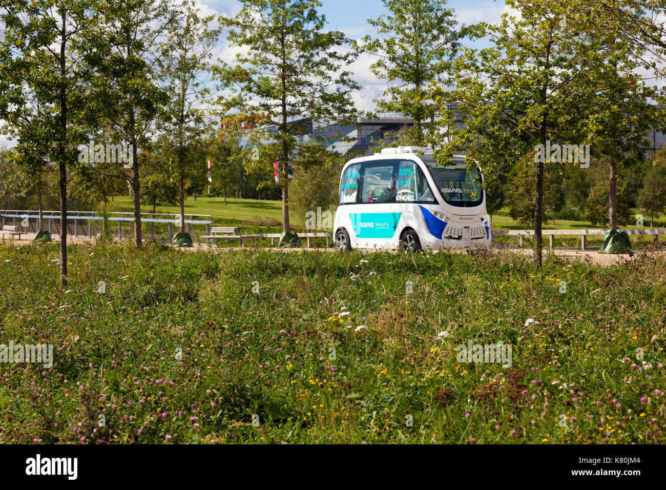 An autonomous bus on trial at the Queen Elizabeth Olympic Park, London, UK. September 2017 Stock Photo